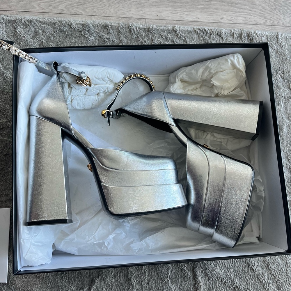 Versace Silver Platform Heels With Rhinestone Det… - image 4